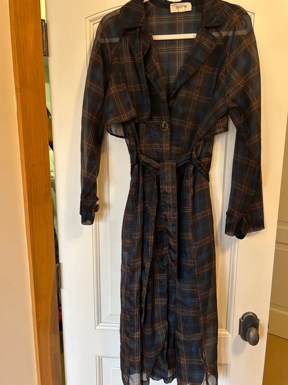 Plaid Long Trench Coat with Self-Tie Waist - Brown & Blue